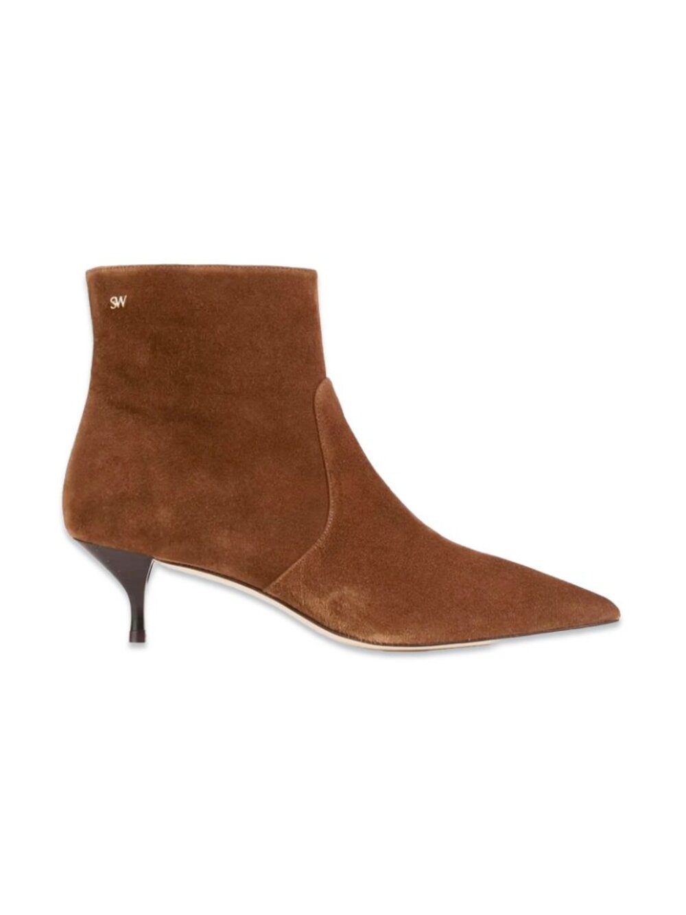 $650 STUART WEITZMAN Mara 50 "SW" LOGO suede ankle KITTEN boots BROWN 7.5 (PD13)